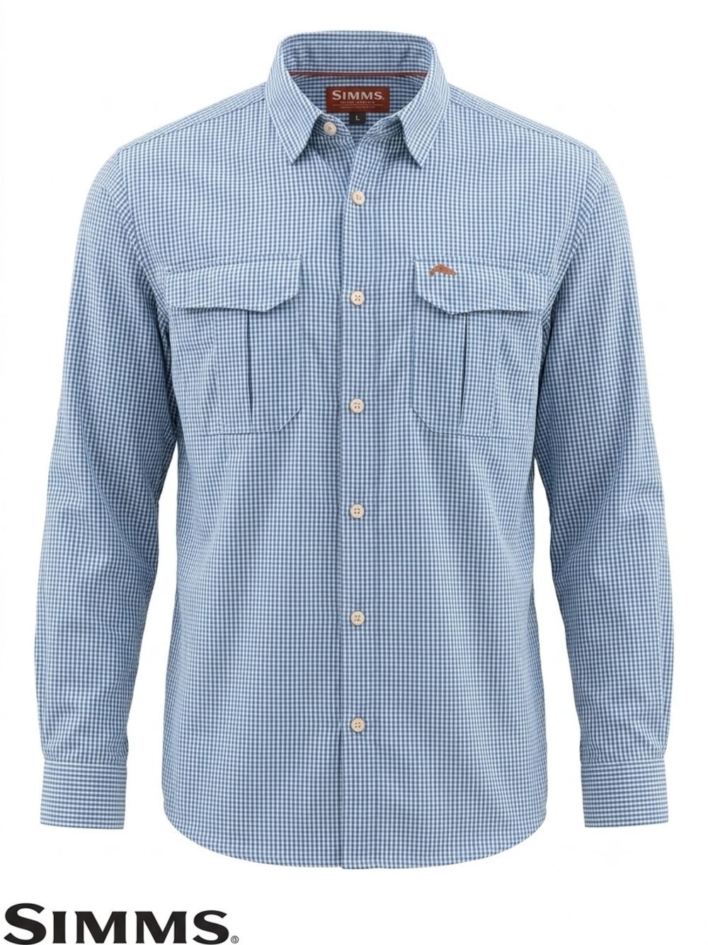 Simms Fishing Products Shirt Mens Large L Blue Gingham Plaid Long Sleeve Button